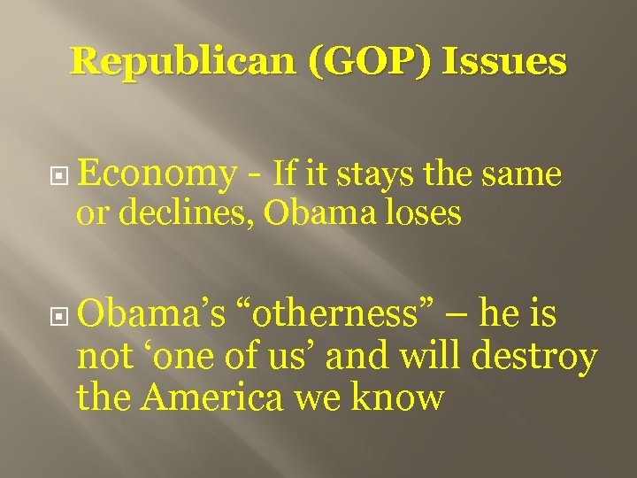 Republican (GOP) Issues Economy - If it stays the same or declines, Obama loses