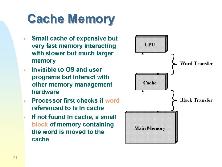 Cache Memory § § 21 Small cache of expensive but very fast memory interacting