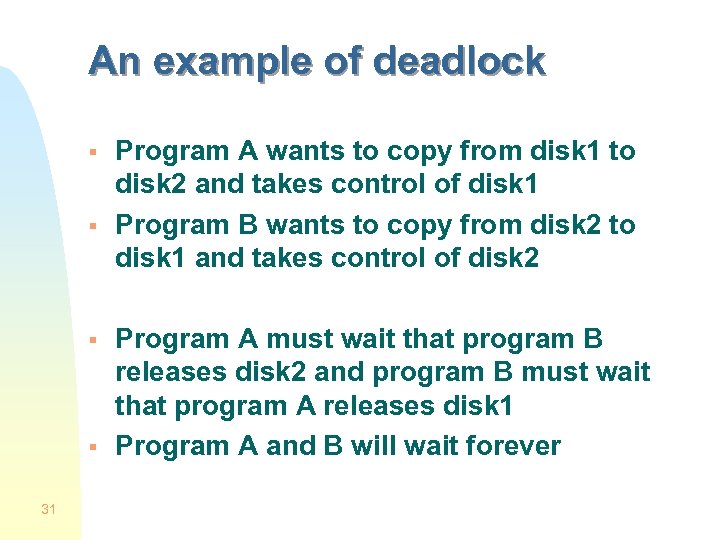 An example of deadlock § § 31 Program A wants to copy from disk