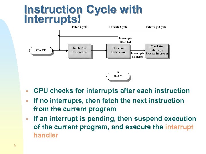 Instruction Cycle with Interrupts! § § § 9 CPU checks for interrupts after each