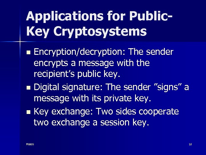 Applications for Public. Key Cryptosystems Encryption/decryption: The sender encrypts a message with the recipient’s