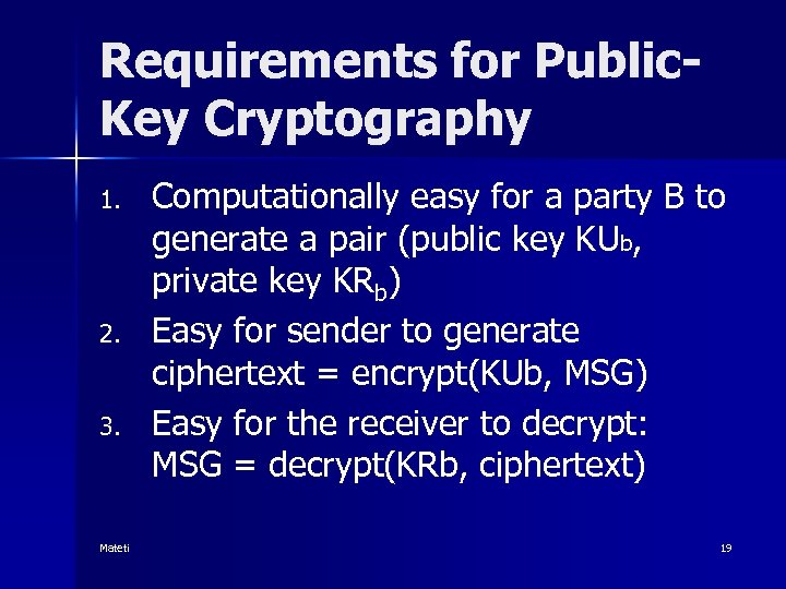 Requirements for Public. Key Cryptography 1. 2. 3. Mateti Computationally easy for a party