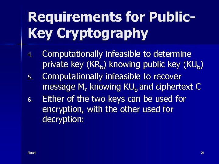 Requirements for Public. Key Cryptography 4. 5. 6. Computationally infeasible to determine private key