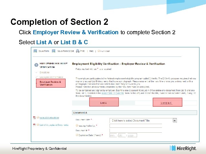 Completion of Section 2 Click Employer Review & Verification to complete Section 2 Select