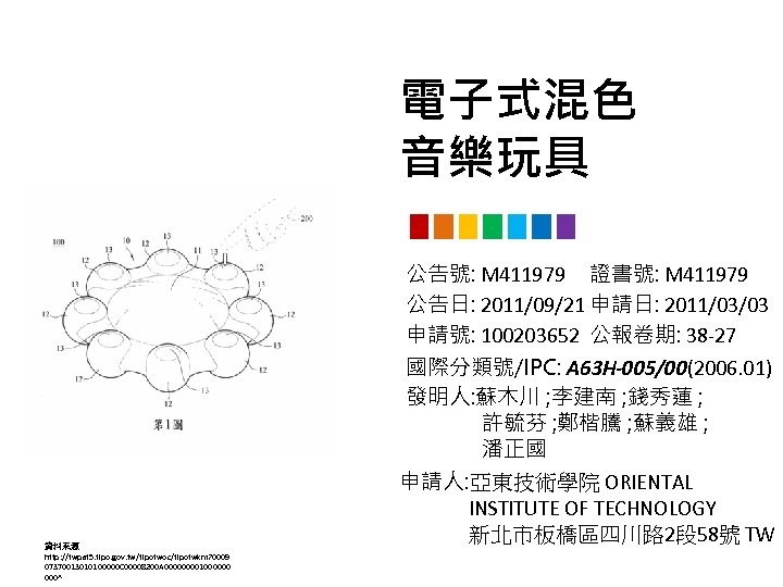 電子式混色 音樂玩具 公告號: M 411979 證書號: M 411979 公告日: 2011/09/21 申請日: 2011/03/03 申請號: 100203652