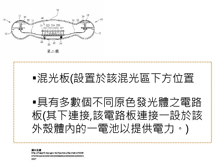 ￭混光板(設置於該混光區下方位置 ￭具有多數個不同原色發光體之電路 板(其下連接, 該電路板連接一設於該 外殼體內的一電池以提供電力。) 資料來源 http: //twpat 5. tipo. gov. tw/tipotwoc/tipotwkm? 0009 07370013010100000