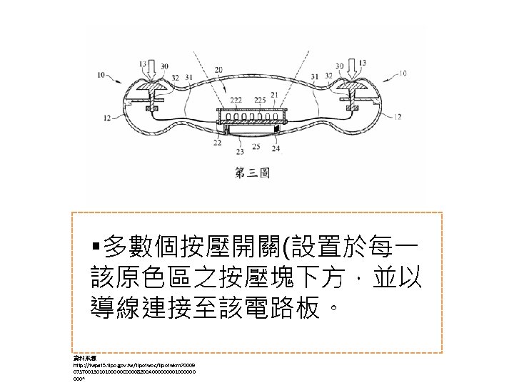 ￭多數個按壓開關(設置於每一 該原色區之按壓塊下方，並以 導線連接至該電路板。 資料來源 http: //twpat 5. tipo. gov. tw/tipotwoc/tipotwkm? 0009 07370013010100000 C 00008200