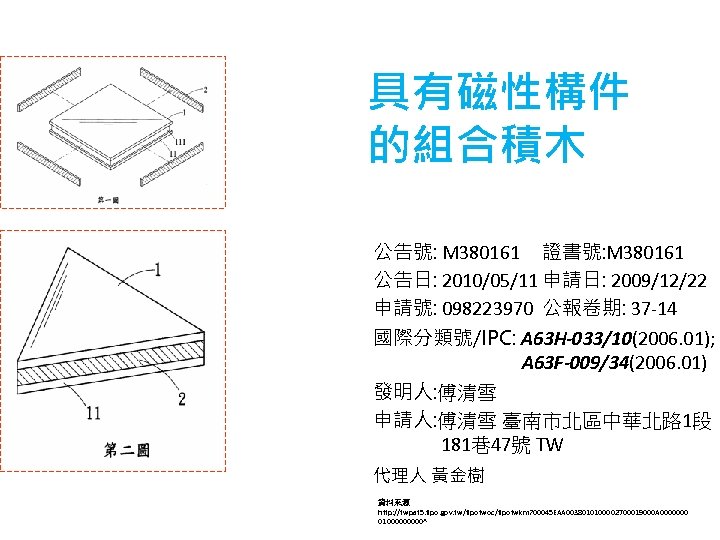 具有磁性構件 的組合積木 公告號: M 380161 證書號: M 380161 公告日: 2010/05/11 申請日: 2009/12/22 申請號: 098223970
