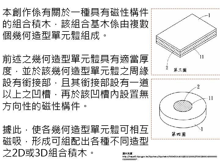 本創作係有關於一種具有磁性構件 的組合積木，該組合基木係由複數 個幾何造型單元體組成。 前述之幾何造型單元體具有適當厚 度，並於該幾何造型單元體之周緣 設有銜接部，且其銜接部設有一道 以上之凹槽，再於該凹槽內設置無 方向性的磁性構件。 據此，使各幾何造型單元體可相互 磁吸，形成可組配出各種不同造型 之2 D或 3 D組合積木。
