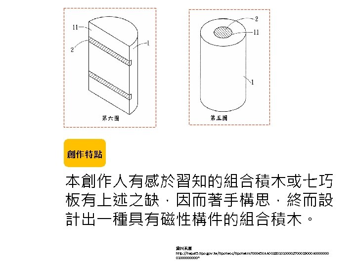 創作特點 本創作人有感於習知的組合積木或七巧 板有上述之缺，因而著手構思，終而設 計出一種具有磁性構件的組合積木。 資料來源 http: //twpat 5. tipo. gov. tw/tipotwoc/tipotwkm? 00045 EAA 0038010100002700019000