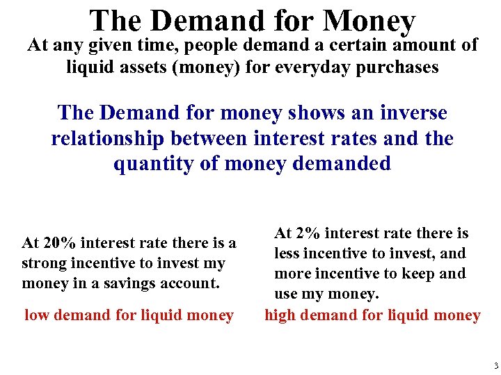 The Demand for Money At any given time, people demand a certain amount of
