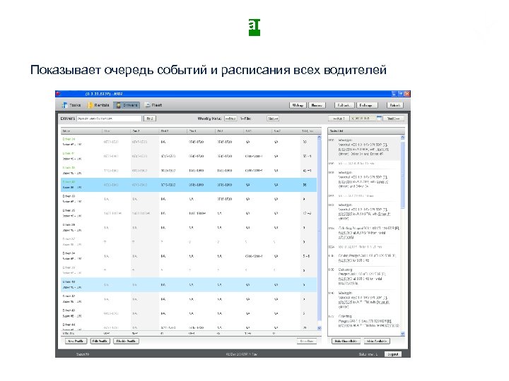 Интерфейс менеджера станции Показывает очередь событий и расписания всех водителей 