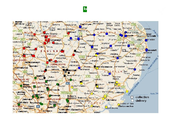 Карта с запланированными операциями сбора и поставки машин 
