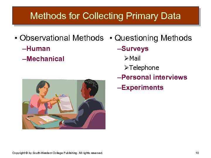 Methods for Collecting Primary Data • Observational Methods • Questioning Methods – Human –