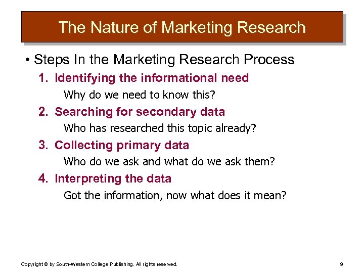 The Nature of Marketing Research • Steps In the Marketing Research Process 1. Identifying