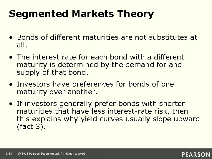 Segmented Markets Theory • Bonds of different maturities are not substitutes at all. •