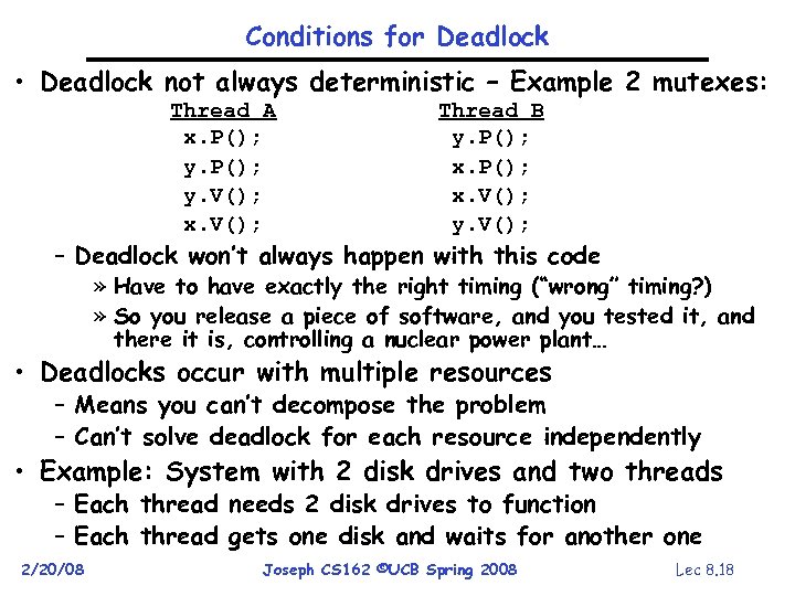 Conditions for Deadlock • Deadlock not always deterministic – Example 2 mutexes: Thread A