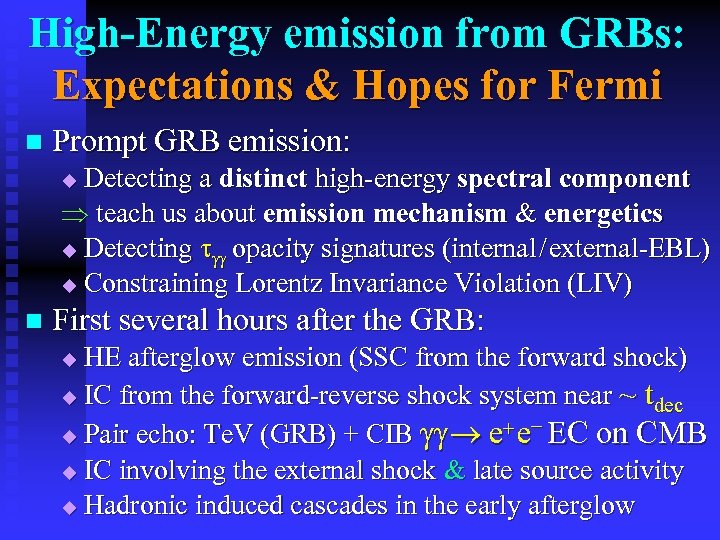 High-Energy emission from GRBs: Expectations & Hopes for Fermi n Prompt GRB emission: Detecting
