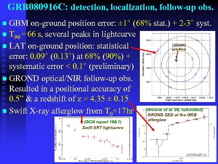 GRB 080916 C: detection, localization, follow-up obs. n GBM on-ground position error: ± 1°