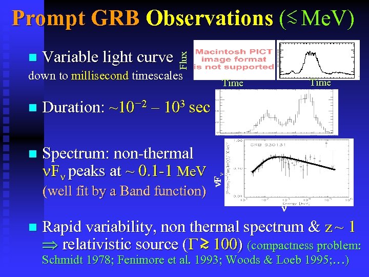 Prompt GRB Observations (≲ Me. V) Flux n Variable light curve down to millisecond