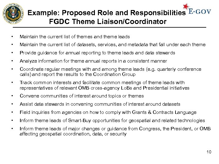 Example: Proposed Role and Responsibilities FGDC Theme Liaison/Coordinator • Maintain the current list of