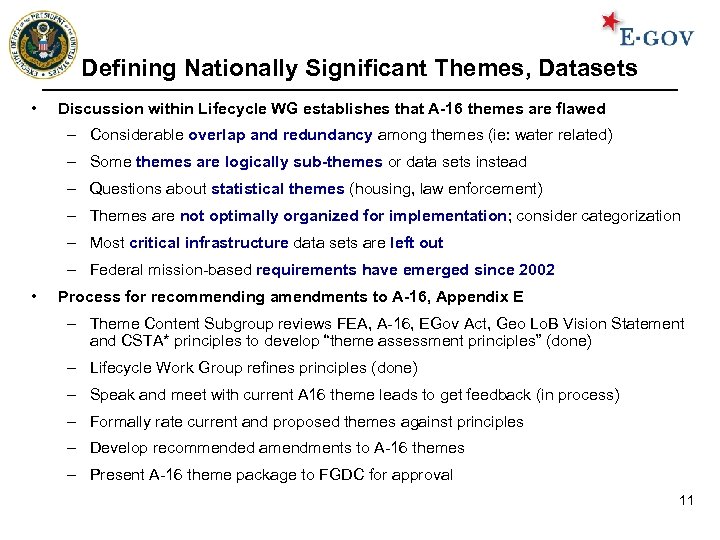 Defining Nationally Significant Themes, Datasets • Discussion within Lifecycle WG establishes that A-16 themes