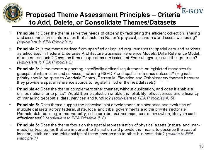 Proposed Theme Assessment Principles – Criteria to Add, Delete, or Consolidate Themes/Datasets • Principle