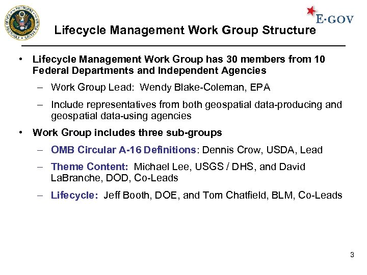 Lifecycle Management Work Group Structure • Lifecycle Management Work Group has 30 members from