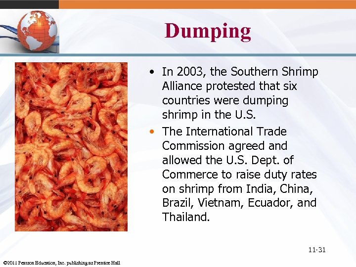 Dumping • In 2003, the Southern Shrimp Alliance protested that six countries were dumping
