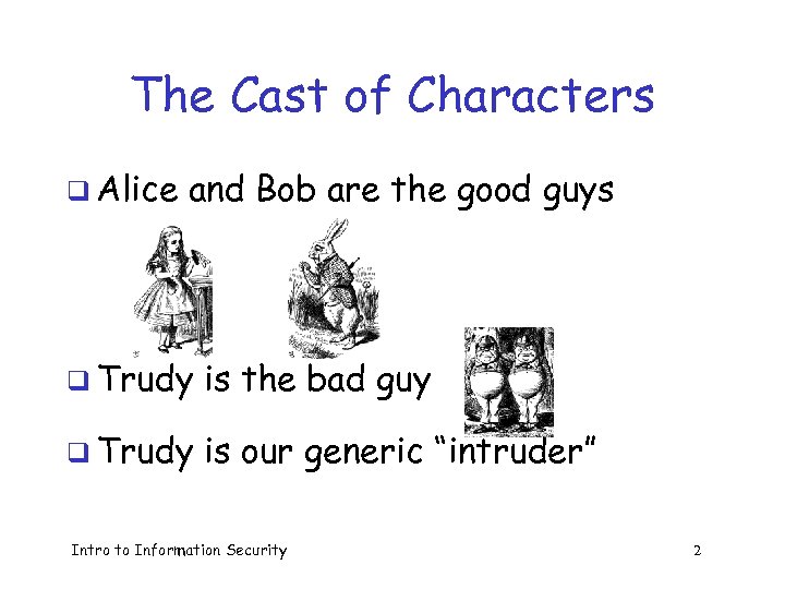 The Cast of Characters q Alice and Bob are the good guys q Trudy