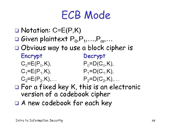 ECB Mode Notation: C=E(P, K) q Given plaintext P 0, P 1, …, Pm,