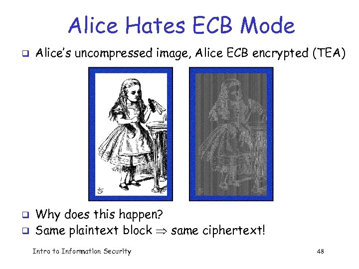 Alice Hates ECB Mode q q q Alice’s uncompressed image, Alice ECB encrypted (TEA)