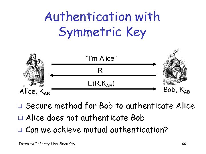 Authentication with Symmetric Key “I’m Alice” R Alice, KAB E(R, KAB) Bob, KAB Secure