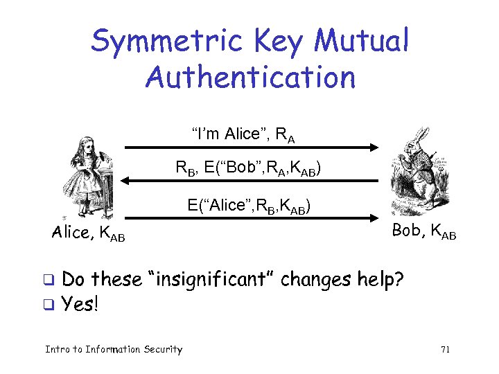 Symmetric Key Mutual Authentication “I’m Alice”, RA RB, E(“Bob”, RA, KAB) E(“Alice”, RB, KAB)