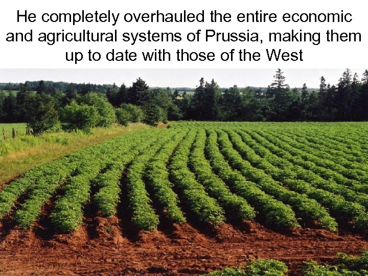 He completely overhauled the entire economic and agricultural systems of Prussia, making them up