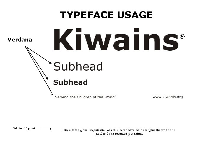 TYPEFACE USAGE ® Verdana Palatino 10 point Kiwanis is a global organization of volunteers