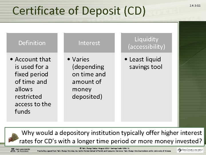 Certificate of Deposit (CD) Definition • Account that is used for a fixed period