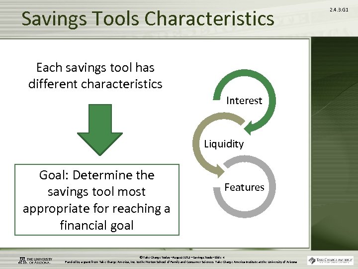 Savings Tools Characteristics Each savings tool has different characteristics Interest Liquidity Goal: Determine the
