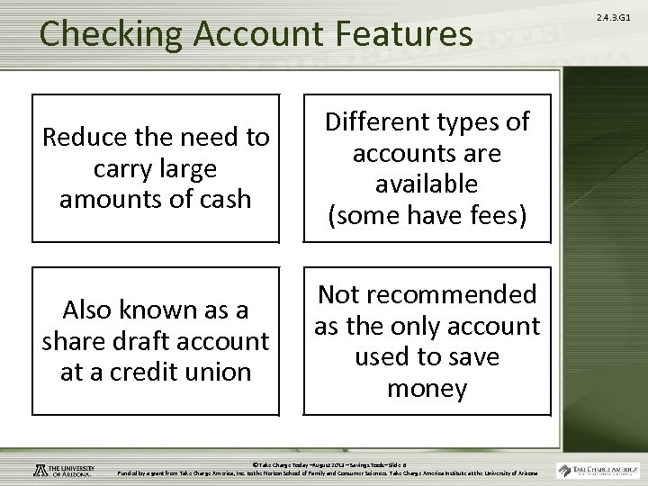 Checking Account Features Reduce the need to carry large amounts of cash Different types