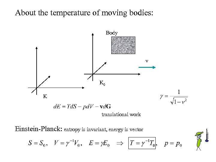 About the temperature of moving bodies: Body v K 0 K translational work Einstein-Planck: