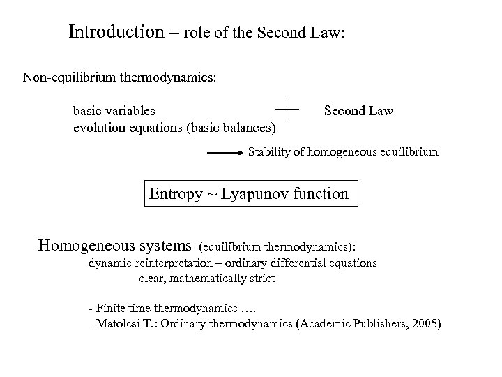 Introduction – role of the Second Law: Non-equilibrium thermodynamics: basic variables evolution equations (basic