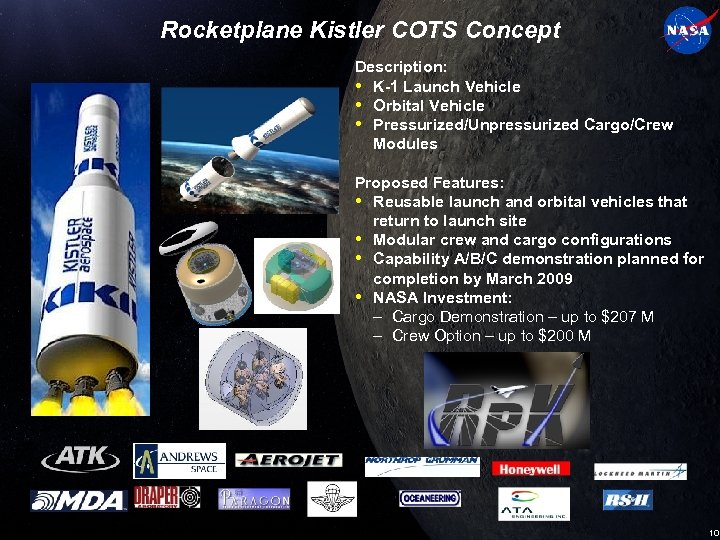 Rocketplane Kistler COTS Concept Description: • K-1 Launch Vehicle • Orbital Vehicle • Pressurized/Unpressurized