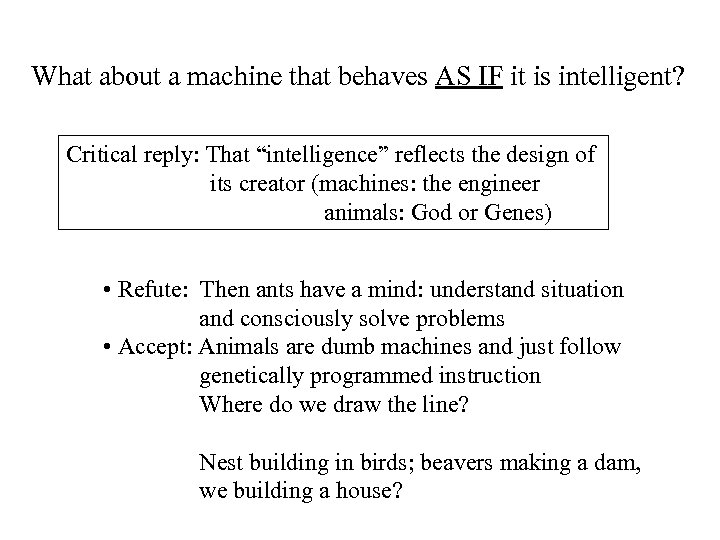 What about a machine that behaves AS IF it is intelligent? Critical reply: That