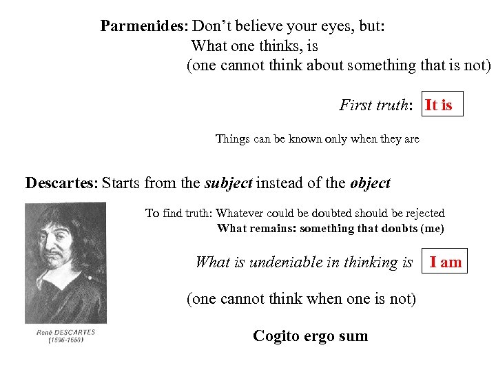 Parmenides: Don’t believe your eyes, but: What one thinks, is (one cannot think about