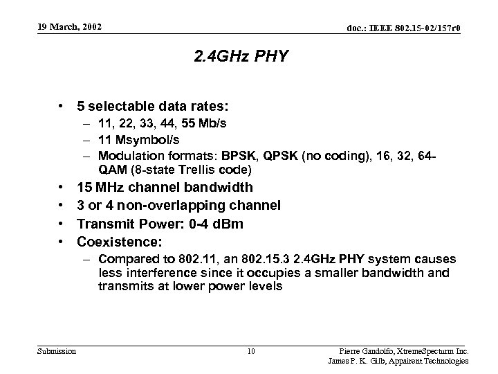 19 March, 2002 doc. : IEEE 802. 15 -02/157 r 0 2. 4 GHz