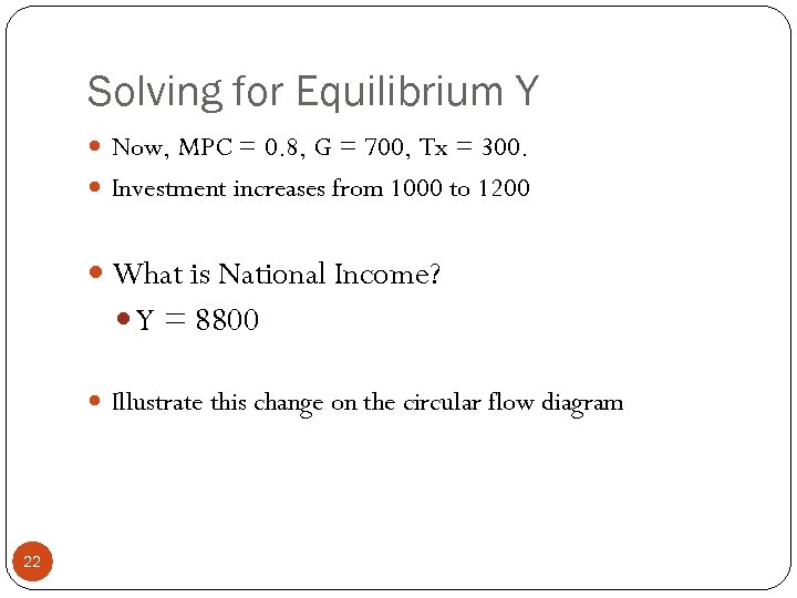 Solving for Equilibrium Y Now, MPC = 0. 8, G = 700, Tx =