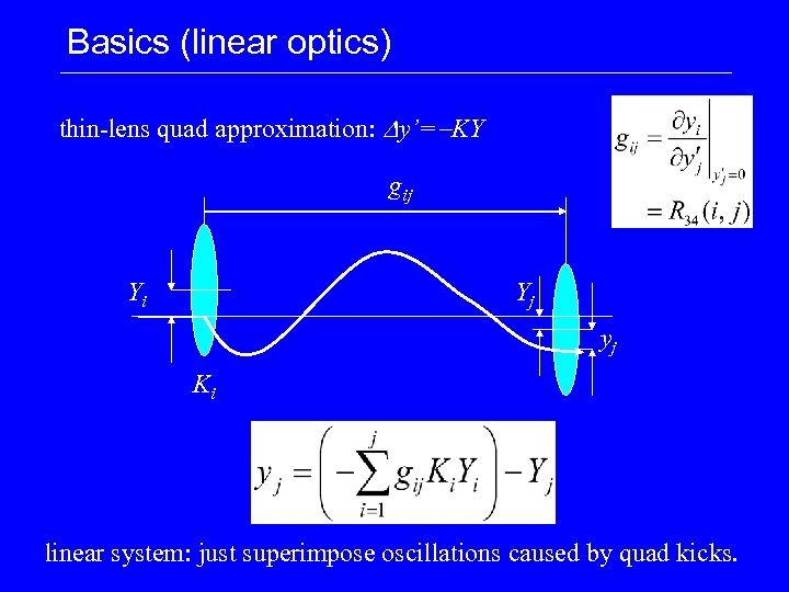 Basics (linear optics) thin-lens quad approximation: Dy’=-KY gij Yi Yj yj Ki linear system: