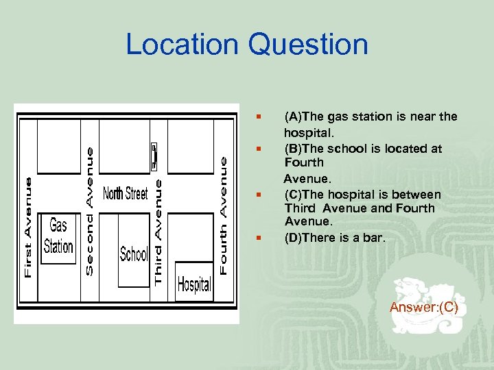 Location Question ¡ ¡ (A)The gas station is near the hospital. (B)The school is