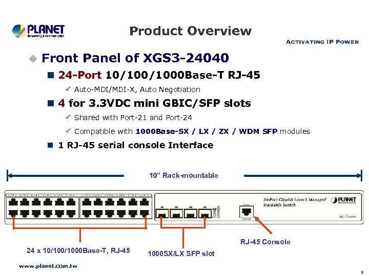 Product Overview u Front Panel of XGS 3 -24040 n 24 -Port 10/1000 Base-T