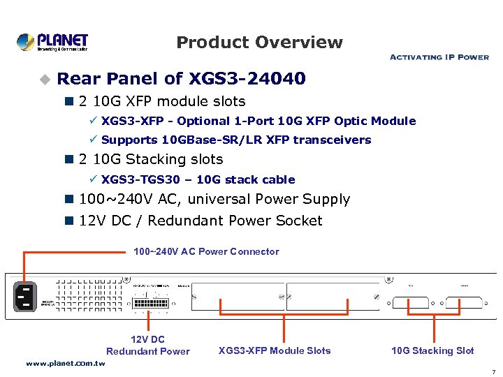 Product Overview u Rear Panel of XGS 3 -24040 n 2 10 G XFP